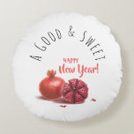 Good & Sweet New Year! Rosh Hashanah Pomegranate Round Pillow<br><div class="desc">Happy Rosh Hashanah Jewish New Year Holiday Pomegranates Watercolor Illustration. Shana Tova! Hebrew Wishes text. "A Good & Sweet New Year!" Calligraphy Text, Pomegranates Watercolor Illustration Vintage, abstract geometric red pattern, Autumn Holiday Festival, Birthday, Sukkot. L'Shanah Tovah Judaica. Home > Home Décor > Pillows & Poufs > Throw Pillows Two...</div>