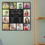 Good Things Happen at Grandma's 12 Photo Black Square Wall Clock<br><div class="desc">Photo clock for grandparents with 12 of your favorite pictures. Create your own grid style photo collage and add the grandchildren's names (2 to 8 names looks best). The quote reads "good things happen at grandma's". The design is lettered in handwritten and whimsical typography on a plain black background. The...</div>