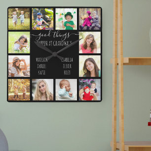 Good Things Happen at Grandma's 12 Photo Black Square Wall Clock