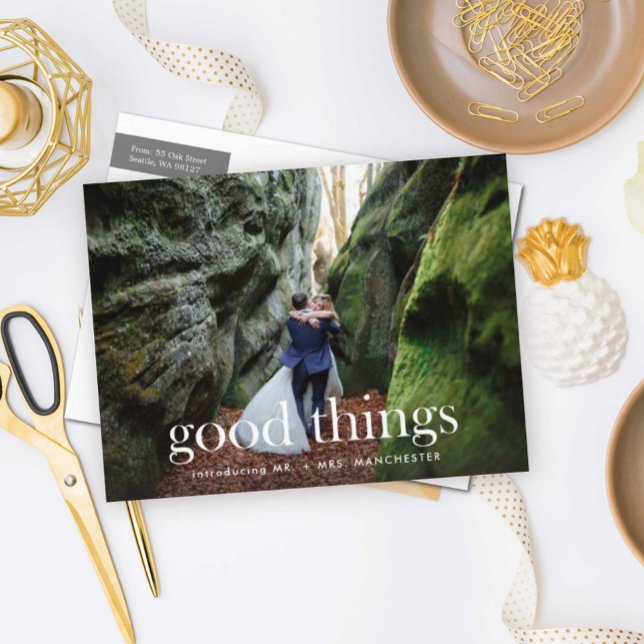 Good Things to Celebrate Wedding Announcement Postcard (Creator Uploaded)