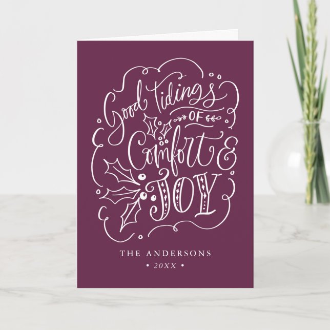 Good Tidings of Comfort & Joy Purple Non-Photo Holiday Card (Front)