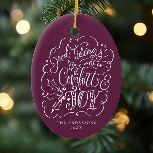Good Tidings of Comfort & Joy Purple Photo Ceramic Ornament