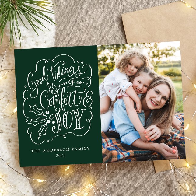 Good Tidings of Comfort & Joy Typography Green Holiday Card (Creator Uploaded)
