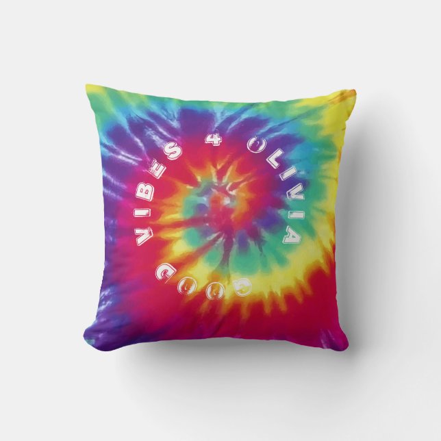 "Good Vibes 4 You" Custom Name Rainbow Tie Dye Throw Pillow (Front)