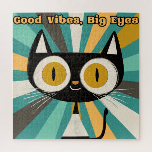 Good Vibes Big Eyes Cat   Cute Black Cat  Jigsaw Puzzle