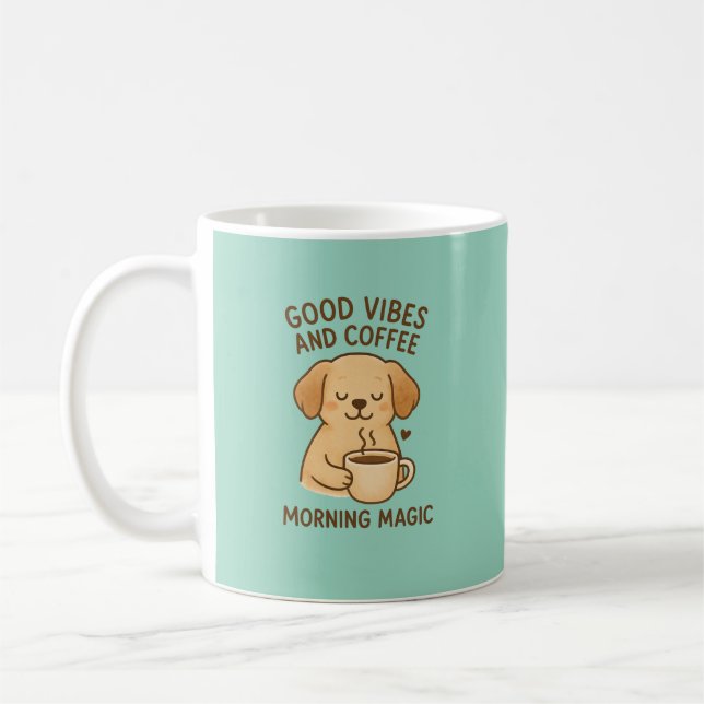 Good Vibes & Coffee – Playful Puppy Digital Artwor Coffee Mug (Left)