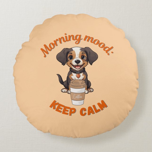 Good Vibes & Coffee – Playful Puppy Digital Artwor Round Pillow (Front)
