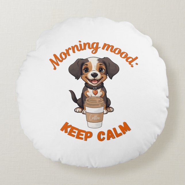 Good Vibes & Coffee – Playful Puppy Digital Artwor Round Pillow (Front)