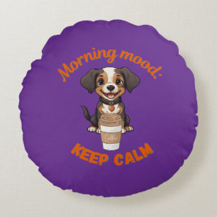 Good Vibes & Coffee – Playful Puppy Digital Artwor Round Pillow