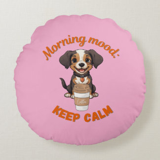 Good Vibes & Coffee – Playful Puppy Digital Artwor Round Pillow