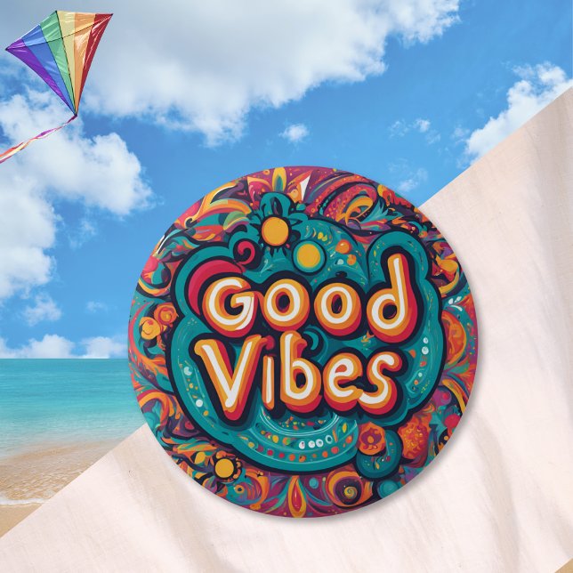 Good Vibes Colourful Groovy Hippie Retro 2 Inch Round Button (Enjoy 'Good Vibes' with this colorful pin button, patterned in a retro hippie style)