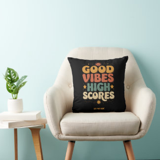 Good Vibes & High Scores Retro 70s Custom Typograp Throw Pillow