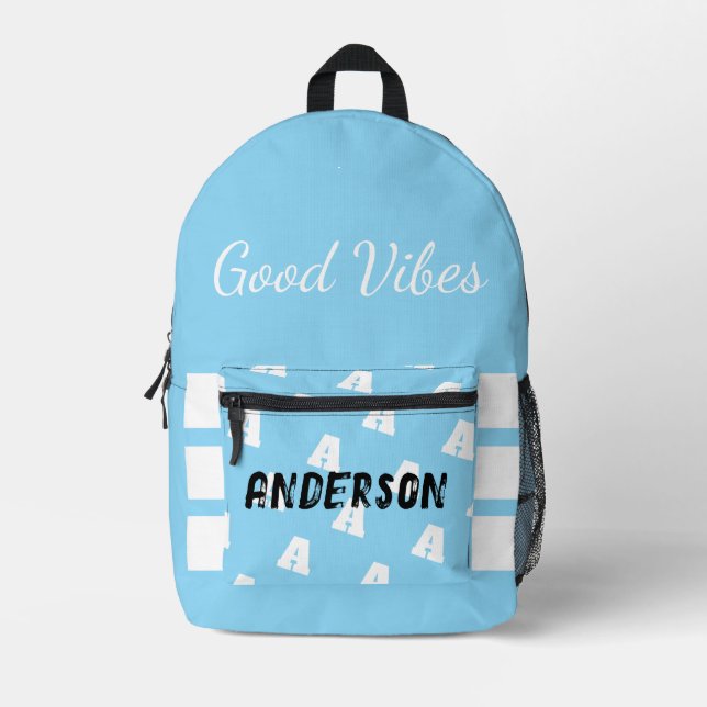 Good Vibes Monogram With Name Blue Printed Backpack (Front)