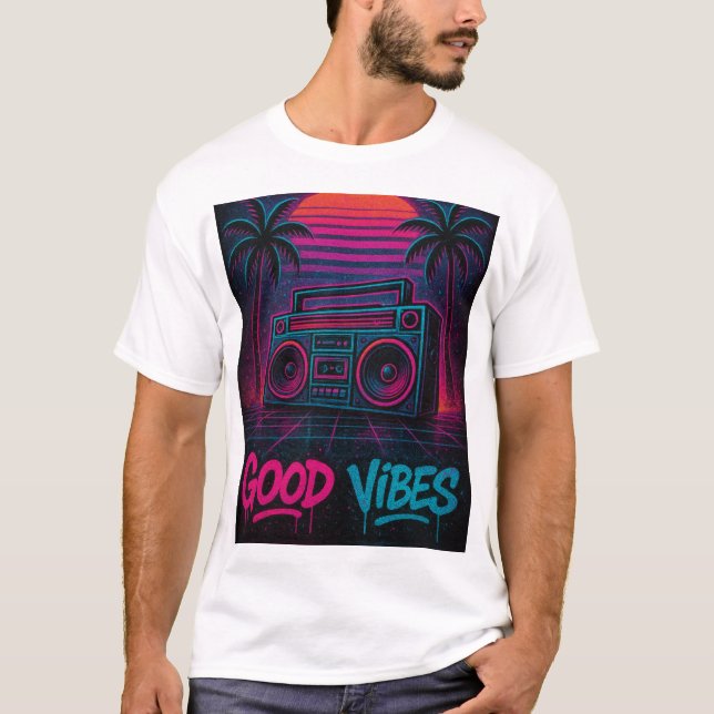 Good Vibes Neon Synthwave Graffiti Mural T-Shirt (Front)
