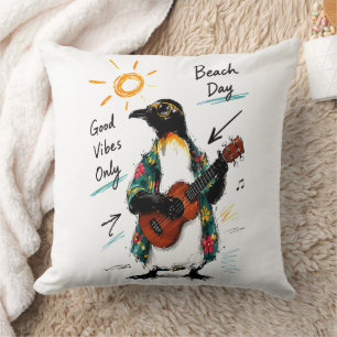 Good Vibes Only Beach Penguin Playing Ukulele Throw Pillow