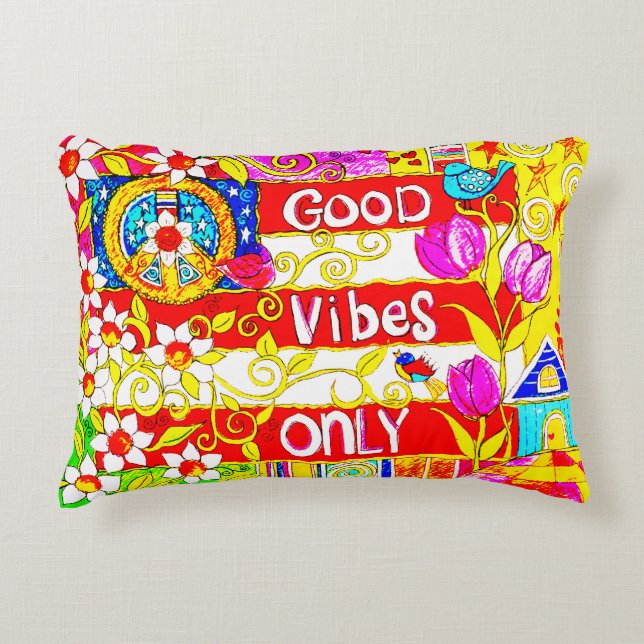 Good Vibes Only, Boho Peace Sign, Daisies, Flag, Accent Pillow (Front)