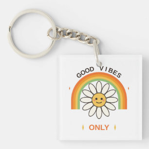 Good Vibes Only Cute Retro 70s Daisy Flower Rainbo Keychain