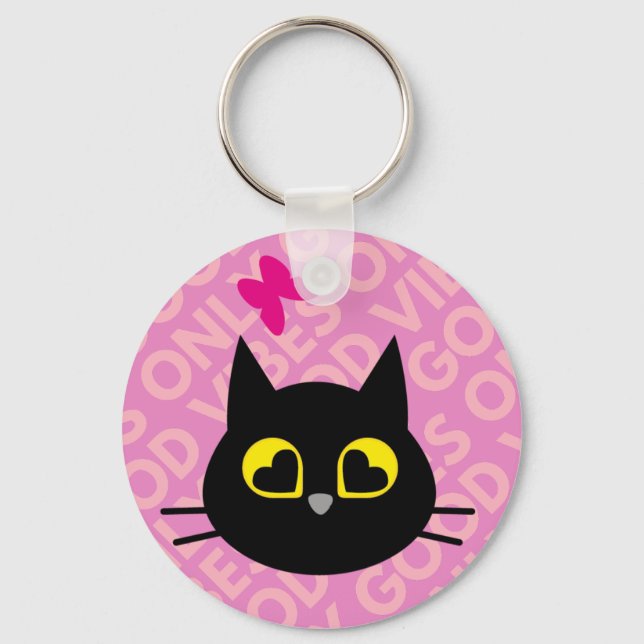 GOOD VIBES ONLY! Funny Black Cat Key Ring (Front)