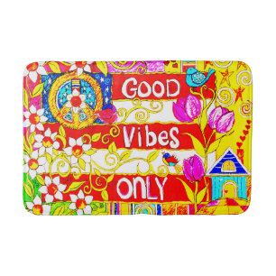 Good Vibes Only, Peace Sign, Flag, Daisies, Art Bath Mat