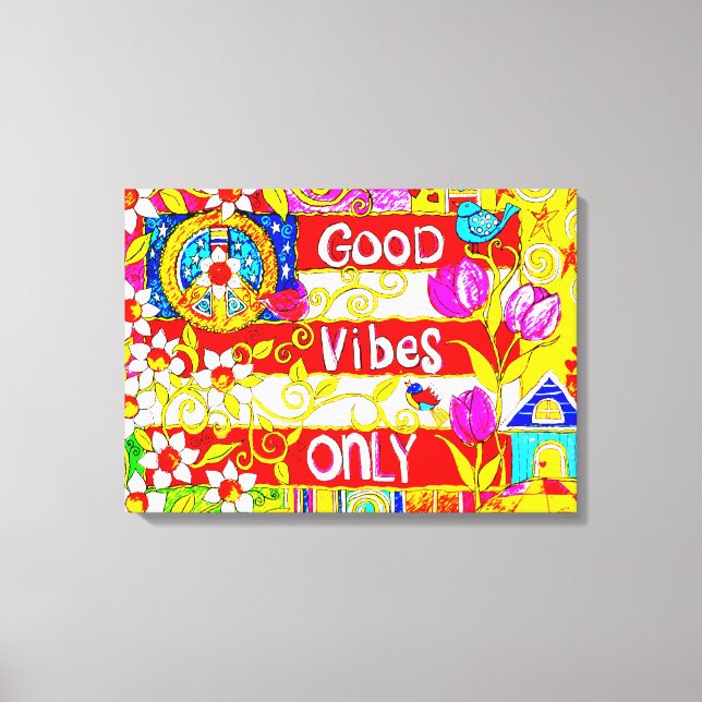 Good Vibes Only, Peace Sign, Flag, Daisies, Hearts Canvas Print (Front)