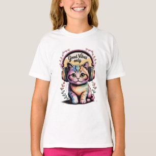 Good Vibes Only Rainbow Cat with Headphones Cute T-Shirt