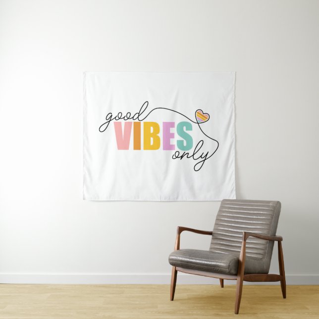 Good Vibes Only Rainbow Heart Tapestry (In Situ (Horizontal))