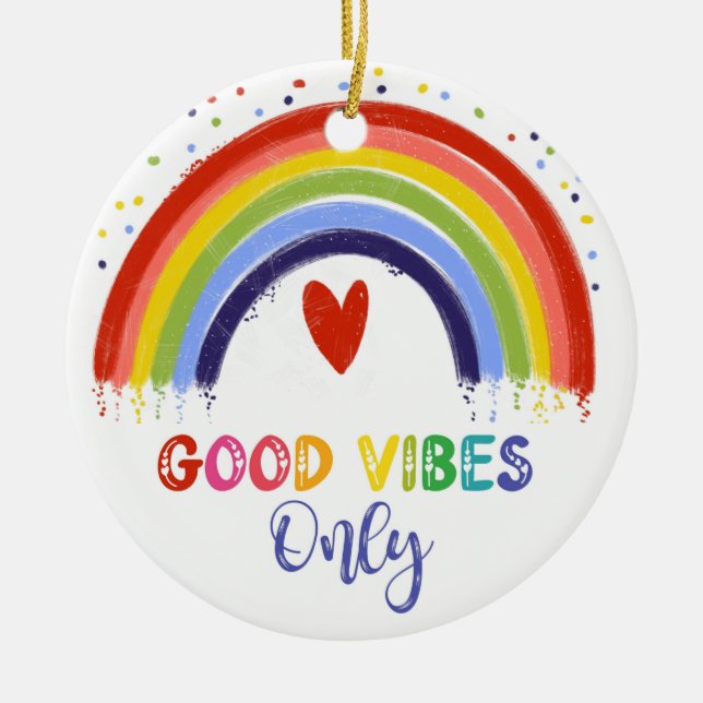 good vibes only rainbow mental health card keychai ceramic ornament (Front)