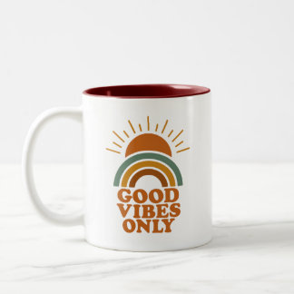Good Vibes Only – Retro Boho Sun Rainbow Design Two-Tone Coffee Mug