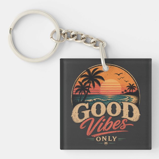Good Vibes Only Retro Sunset Design Keychain (Front)