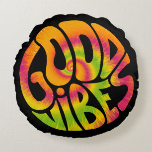 Good vibes quote. Tie dye psychedelic surreal font Round Pillow