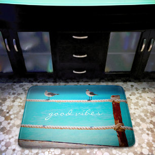 Good Vibes Quote White Seagull Beach Birds Photo Bath Mat