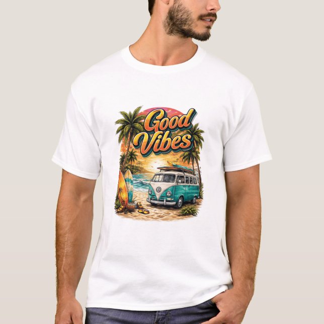 Good Vibes Retro Beach Van T-Shirt | Summer Surf  (Front)