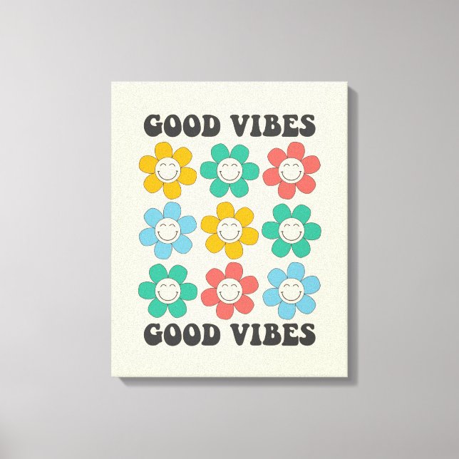 Good Vibes Retro Colourful Daisy Flowers Canvas Print (Front)