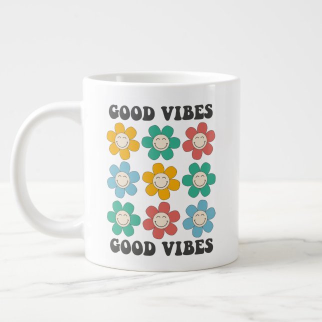 Good Vibes Retro Colourful Daisy Flowers Large Coffee Mug (Left)