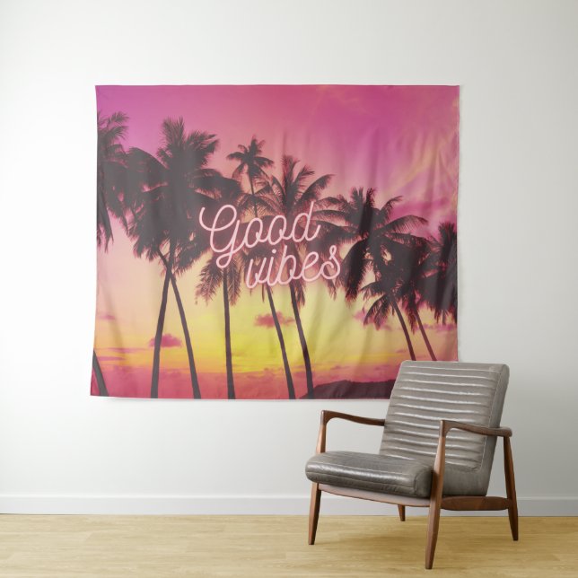 Good Vibes Tropical Pink Sunset Beach Palm Tree Tapestry (In Situ (Horizontal))