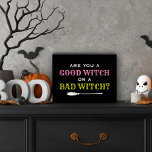 Good Witch or a Bad Witch Black Halloween Quote Wooden Box Sign<br><div class="desc">This funny personalized wooden Halloween art decor features the quote "Are you a good witch or a bad witch?" typography design in white,  pink,  and yellow green colours with witch's broomstick accent.</div>