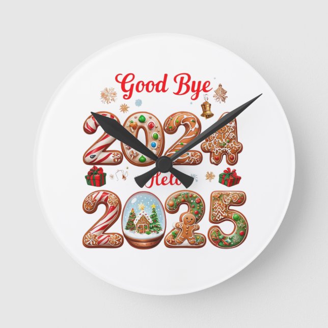 Goodbye 2024 Hello 2025 Happy New year Design Round Clock (Front)