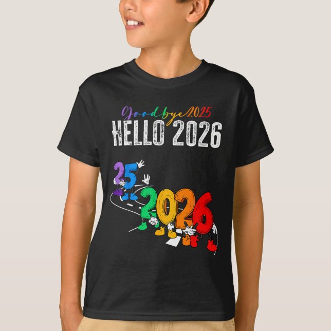 Goodbye 2025 Hello 2026 Funny Cartoon New Year Boy T-Shirt (Front)