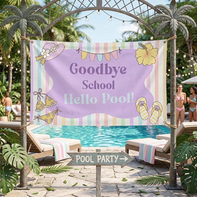 Goodbye School Hello Pool Stripes Party Banner (Creator Uploaded)