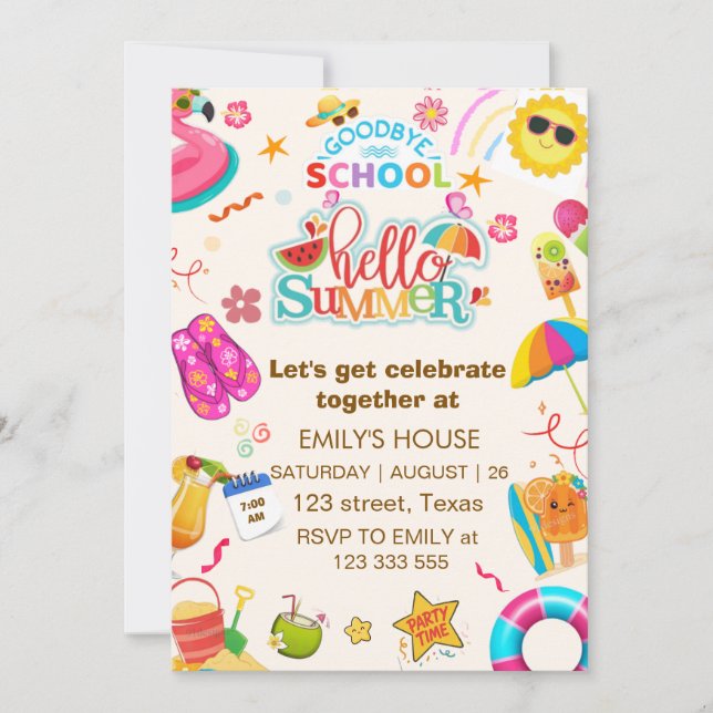 GOODBYE SCHOOL Hello summer PARTY, End of School  Invitation (Front)