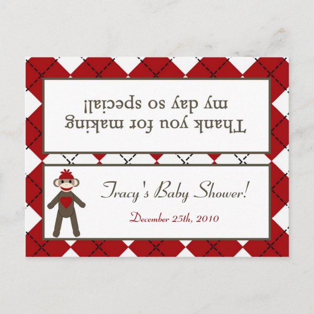 Goody Bag Topper Red Sock Monkey Argyle Invitation Postcard (Front)