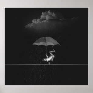 Goofy Black and White Frog with Umbrella in Rain Poster