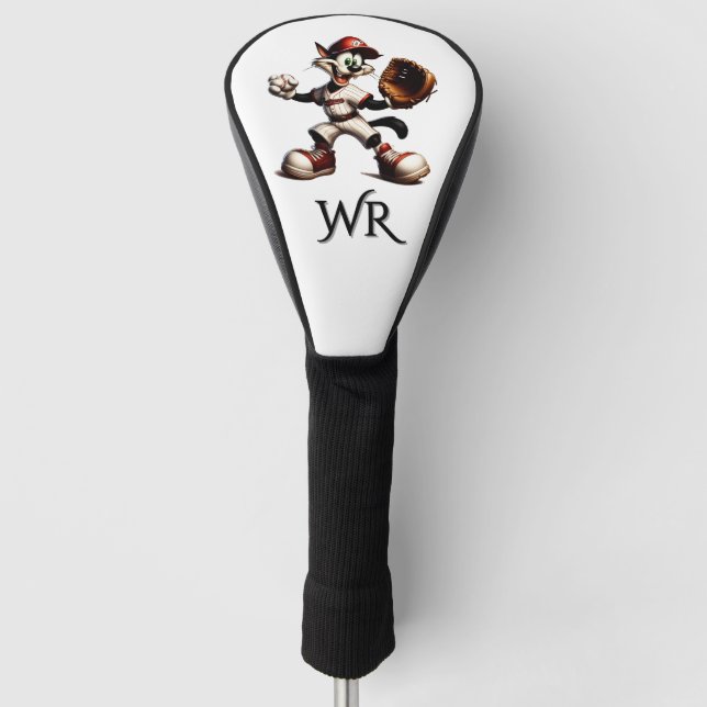 Goofy Cat Baseball Pitcher Monogram Golf Head Cover (Front)
