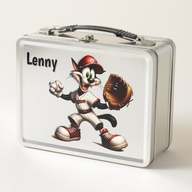 Goofy Cat Baseball Pitcher Personalized Metal Lunch Box (Front)
