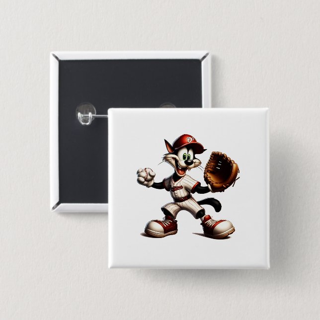 Goofy Cat Baseball Pitcher Winds Up 2 Inch Square Button (Front & Back)
