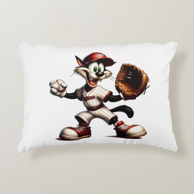 Goofy Cat Baseball Pitcher Winds Up Accent Pillow (Front)