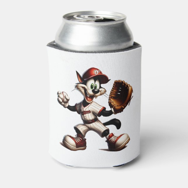 Goofy Cat Baseball Pitcher Winds Up Can Cooler (Can Back)