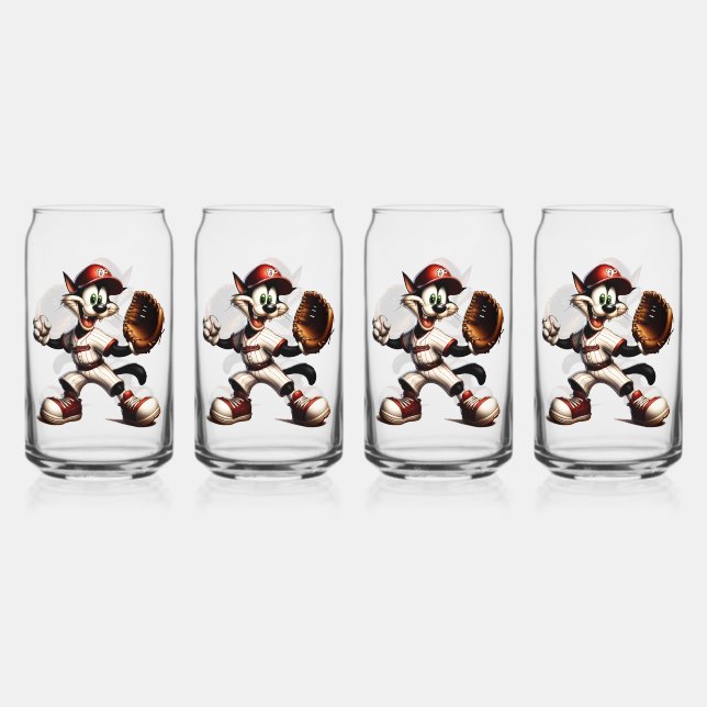 Goofy Cat Baseball Pitcher Winds Up Can Glass (Front)