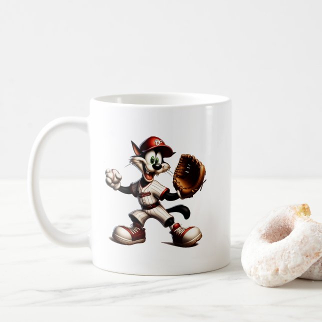 Goofy Cat Baseball Pitcher Winds Up Coffee Mug (With Donut)