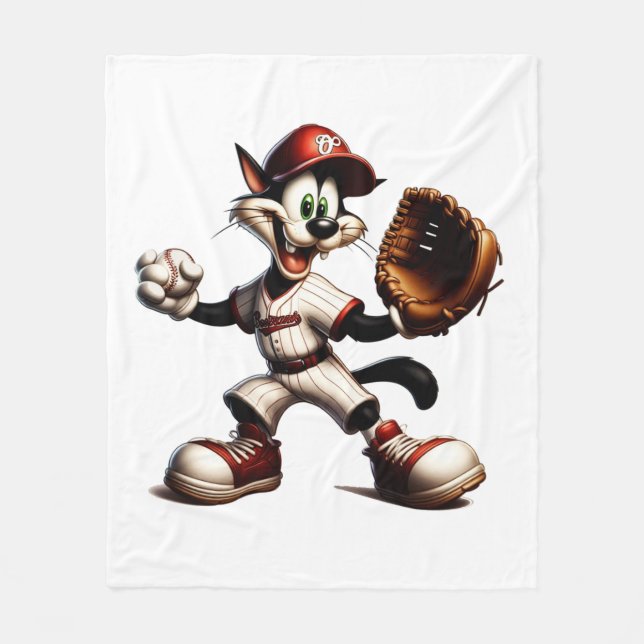 Goofy Cat Baseball Pitcher Winds Up Fleece Blanket (Front)
